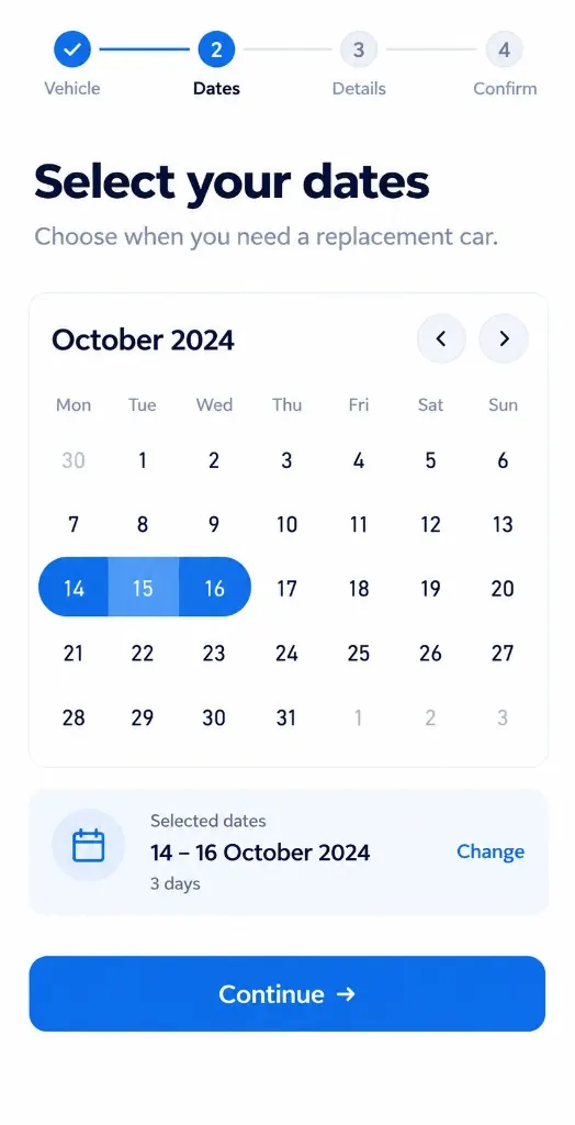 MoveVia replacement car date selection screen