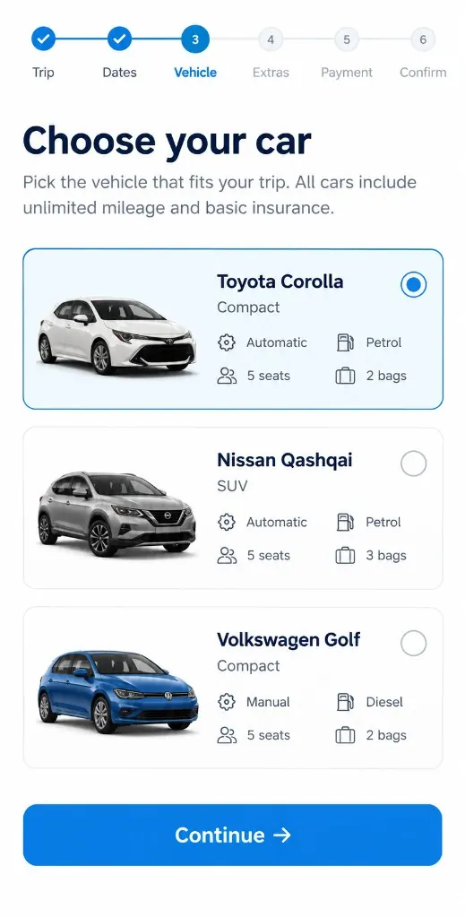 MoveVia replacement vehicle selection screen