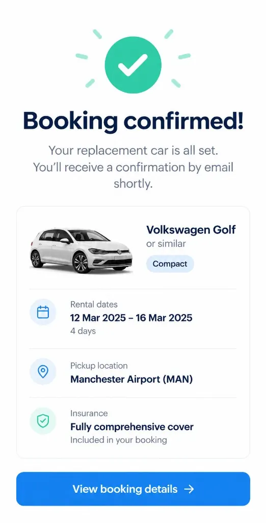 MoveVia replacement car booking confirmation screen